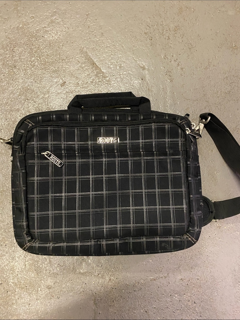 Roots Black Plaid Laptop Messenger Bag